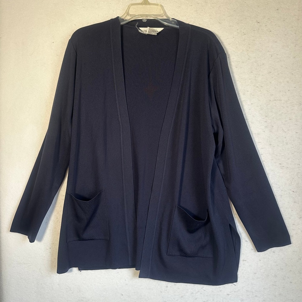 Exclusively Misook Navy Blue Knit Open Front Cardigan Sweater Pockets Size M